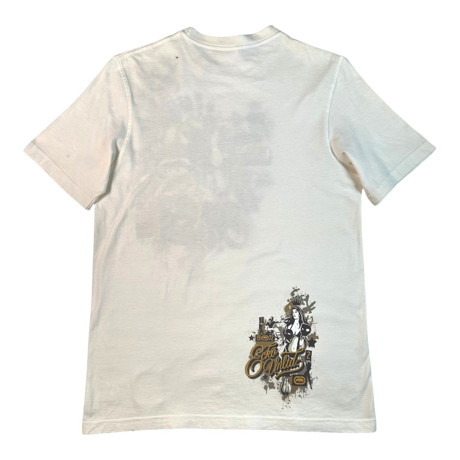 A white short-sleeve t-shirt shown from the back, featuring a faded gray graphic print on the upper back and a distressed graphic with the text 'The Outfitter' in gold and black near the lower right hem.