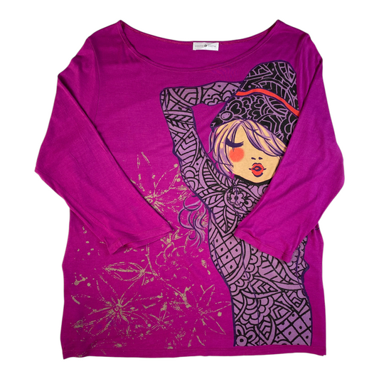 Digg It Thrift & Vintage magenta 3/4 sleeve top featuring a graphic anime girl print with intricate floral patterns.