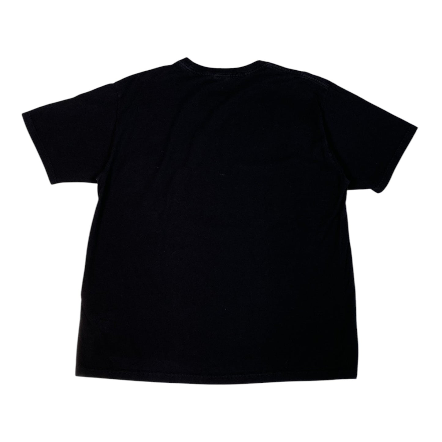 A plain black short-sleeve crewneck t-shirt shown from the back, laid flat against a solid white background.