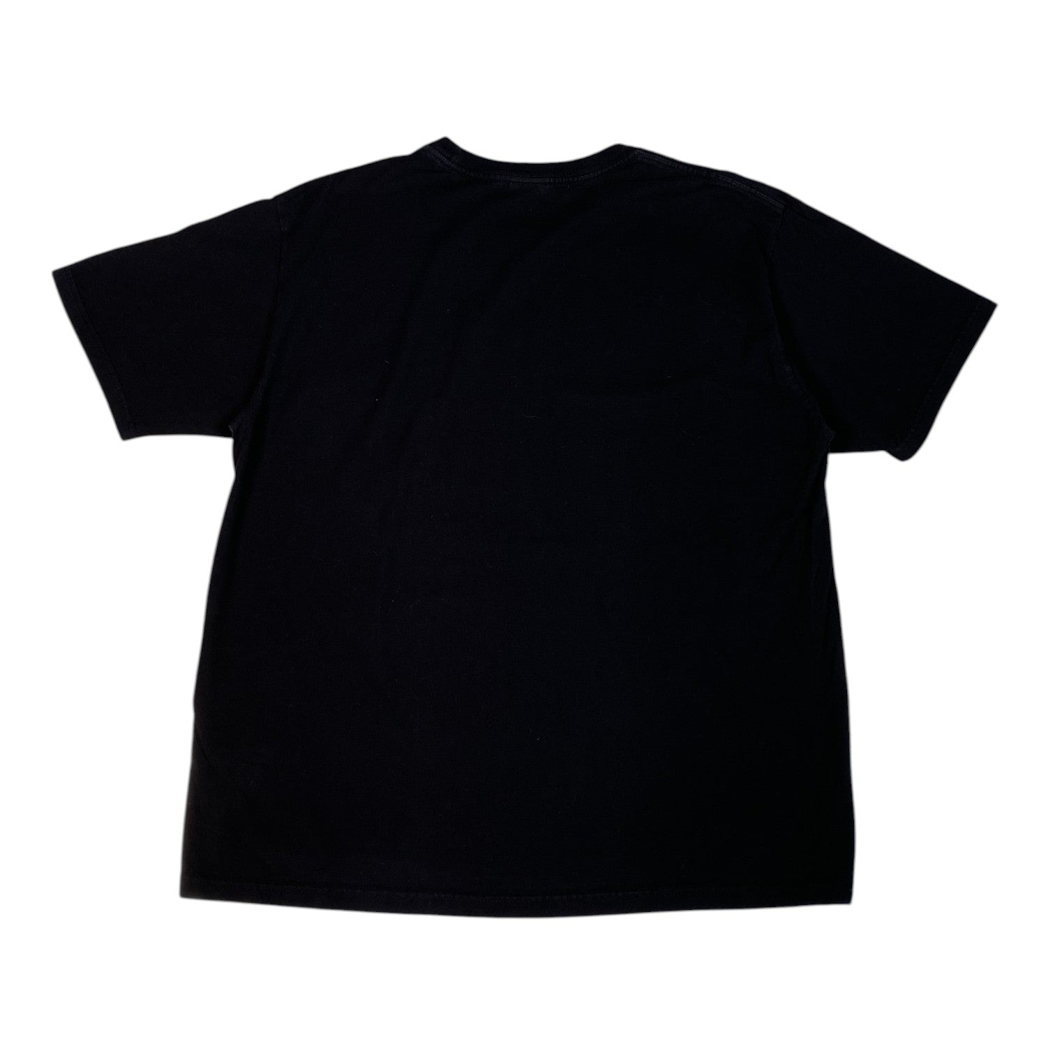 A plain black short-sleeve crewneck t-shirt shown from the back, laid flat against a solid white background.