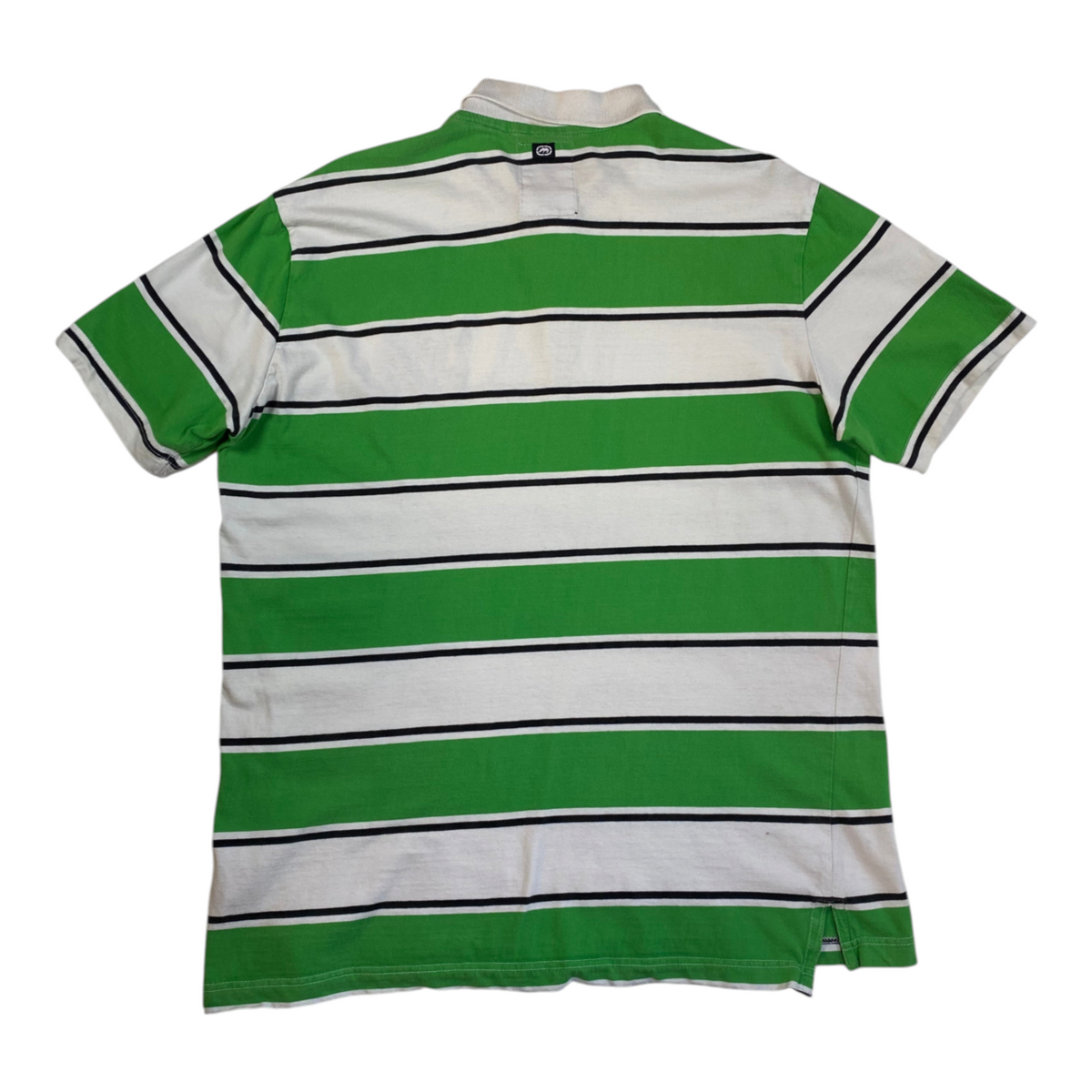 Back view of Digg It Thrift & Vintage Eckō Unltd. green and white striped polo shirt with black accent lines