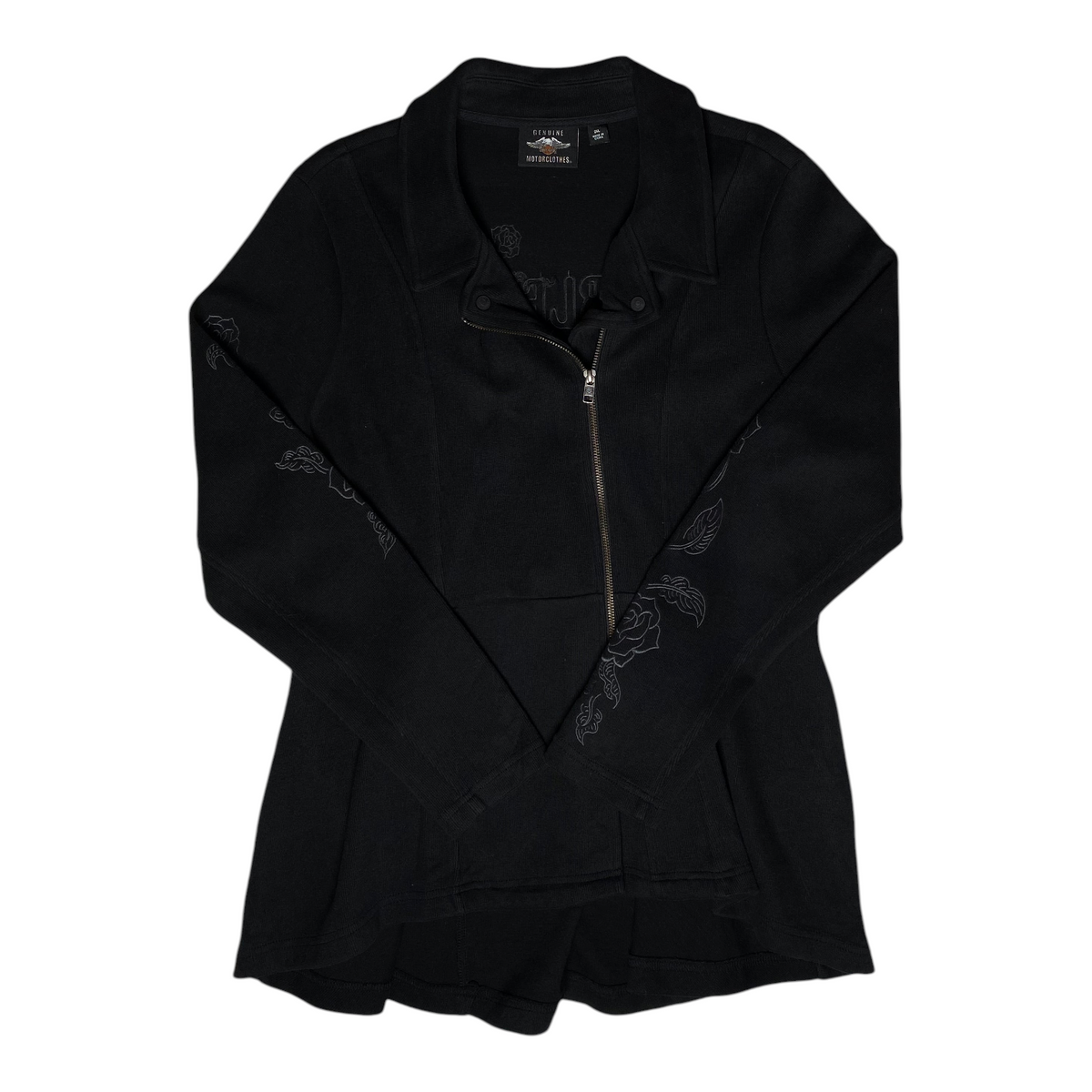 Digg It Thrift & Vintage black Harley-Davidson asymmetrical zip cardigan with floral rose embroidery on sleeves