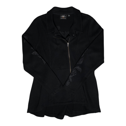 Digg It Thrift & Vintage black Harley-Davidson asymmetrical zip cardigan with floral rose embroidery on sleeves