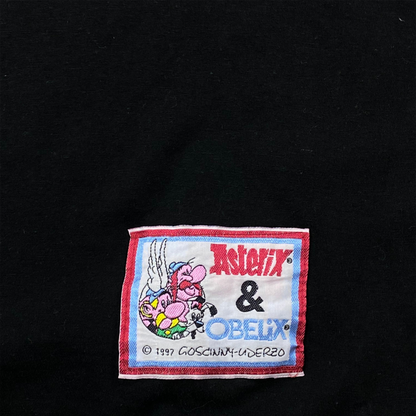 Digg It Thrift & Vintage black t-shirt featuring a 1997 Asterix & Obelix embroidered graphic patch