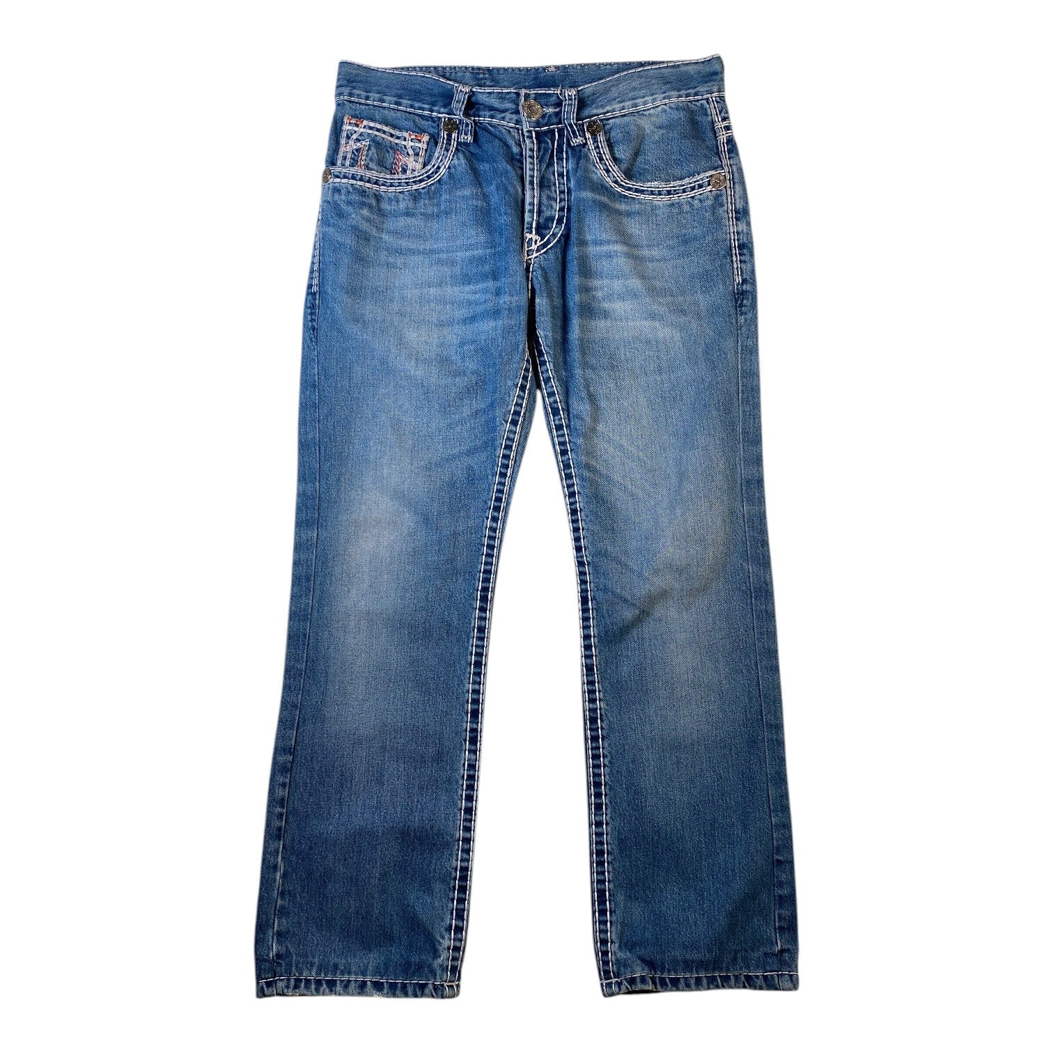 A pair of medium wash blue denim jeans with whiskering and subtle fading, shown flat against a plain white background.