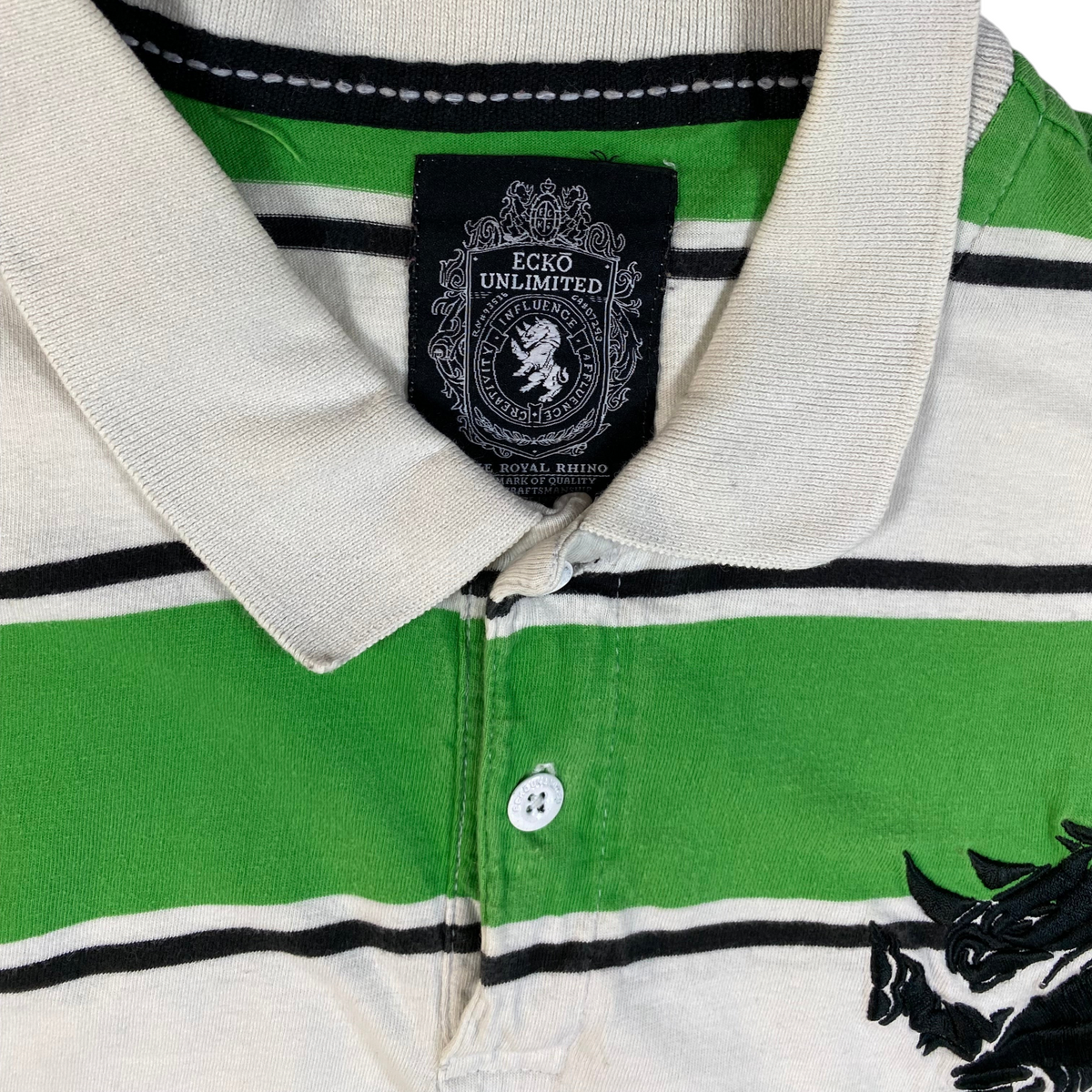 Digg It Thrift & Vintage Eckō Unltd. green and white striped polo shirt with embroidered rhino logo and collar tag