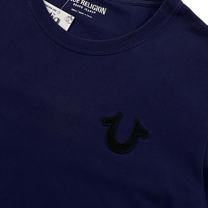 Digg It Thrift & Vintage navy blue True Religion t-shirt with black embroidered horseshoe logo on the chest