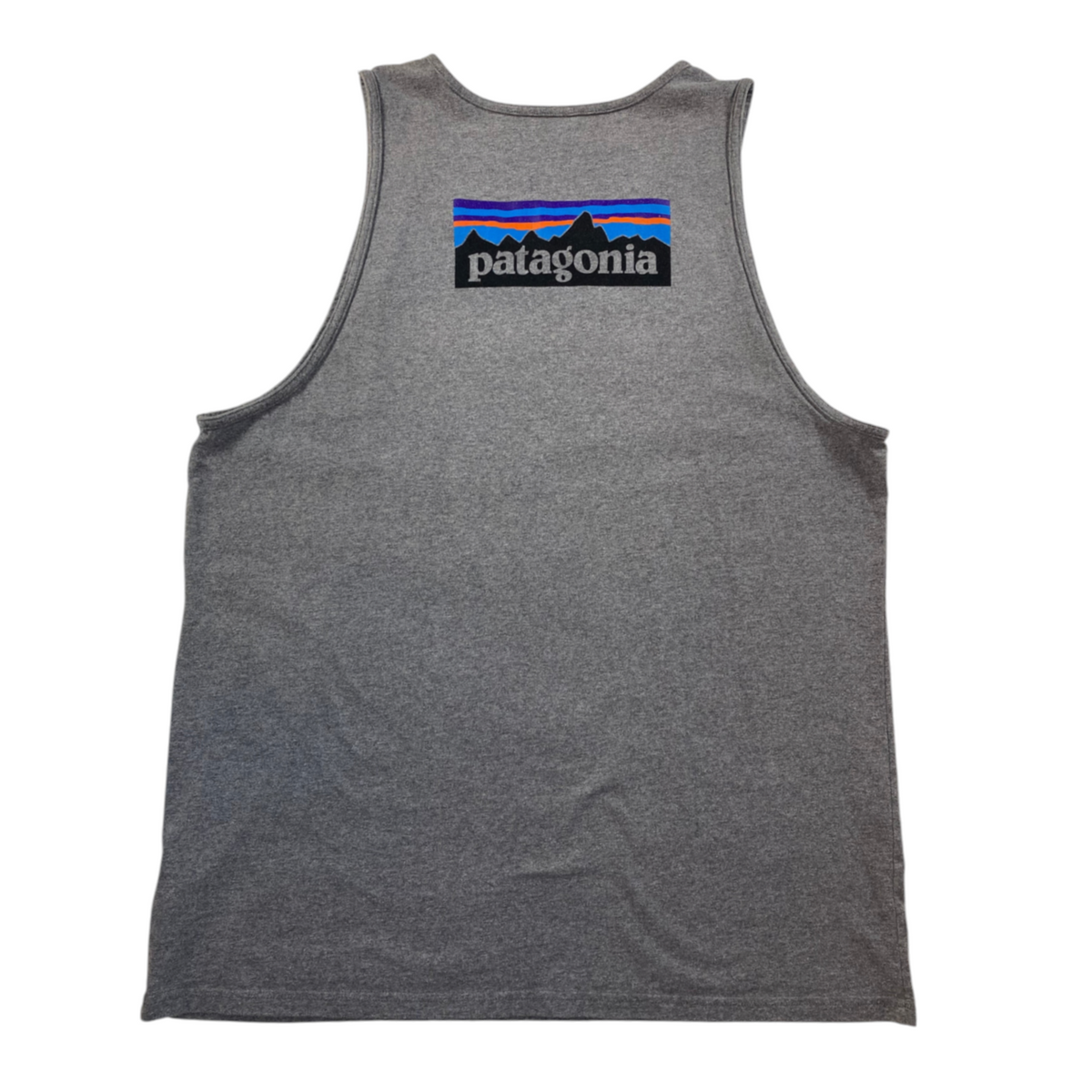 Digg It Thrift & Vintage heather grey Patagonia tank top with mountain logo graphic on back