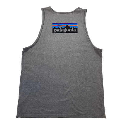 Digg It Thrift & Vintage heather grey Patagonia tank top with mountain logo graphic on back