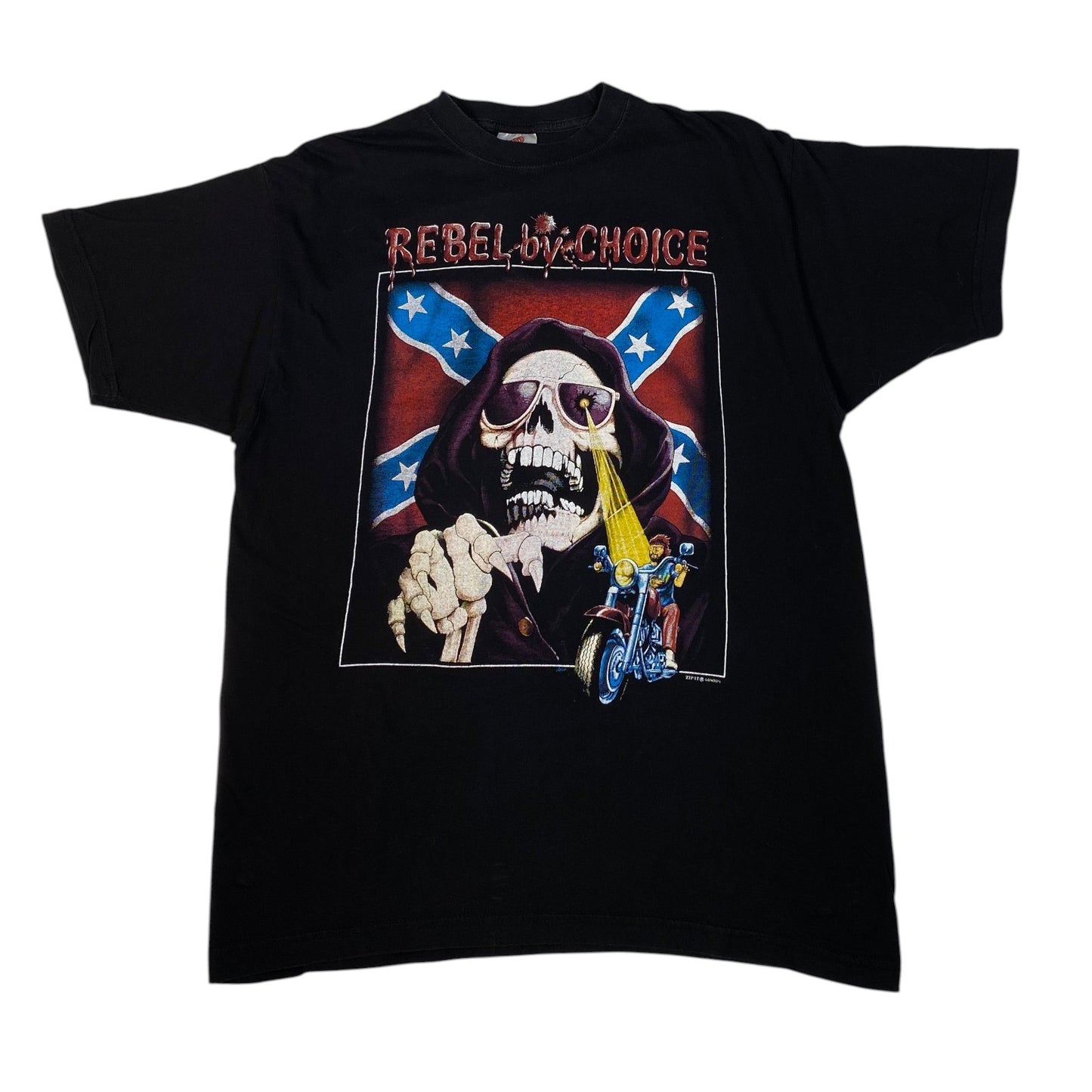 A black short-sleeve graphic t-shirt featuring a large front print of a grim reaper wearing sunglasses and a hood, with a Confederate flag background, the text 'REBEL WITHOUT CHOICE' above, and a small motorcycle graphic at the bottom right.
