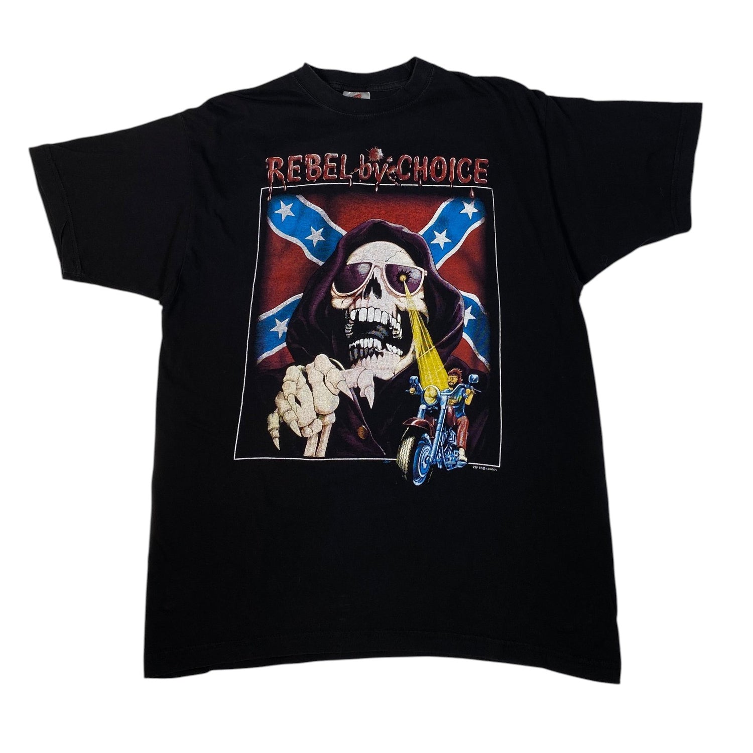 A black short-sleeve graphic t-shirt featuring a large front print of a grim reaper wearing sunglasses and a hood, with a Confederate flag background, the text 'REBEL WITHOUT CHOICE' above, and a small motorcycle graphic at the bottom right.