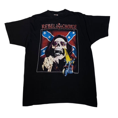 A black short-sleeve graphic t-shirt featuring a large front print of a grim reaper wearing sunglasses and a hood, with a Confederate flag background, the text 'REBEL WITHOUT CHOICE' above, and a small motorcycle graphic at the bottom right.