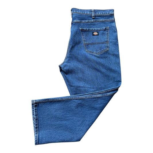 Digg It Thrift & Vintage Dickies Flex blue denim jeans with straight-leg fit and back pocket logo patch