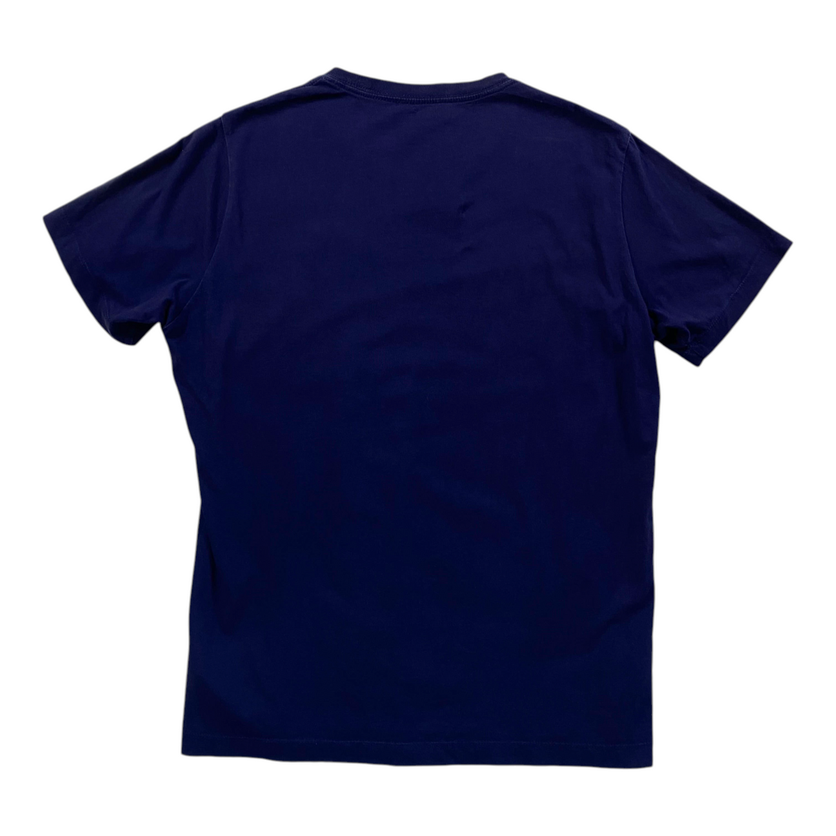 Back view of a navy blue True Religion t-shirt from Digg It Thrift & Vintage, featuring a plain solid design.