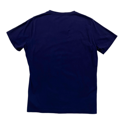 Back view of a navy blue True Religion t-shirt from Digg It Thrift & Vintage, featuring a plain solid design.