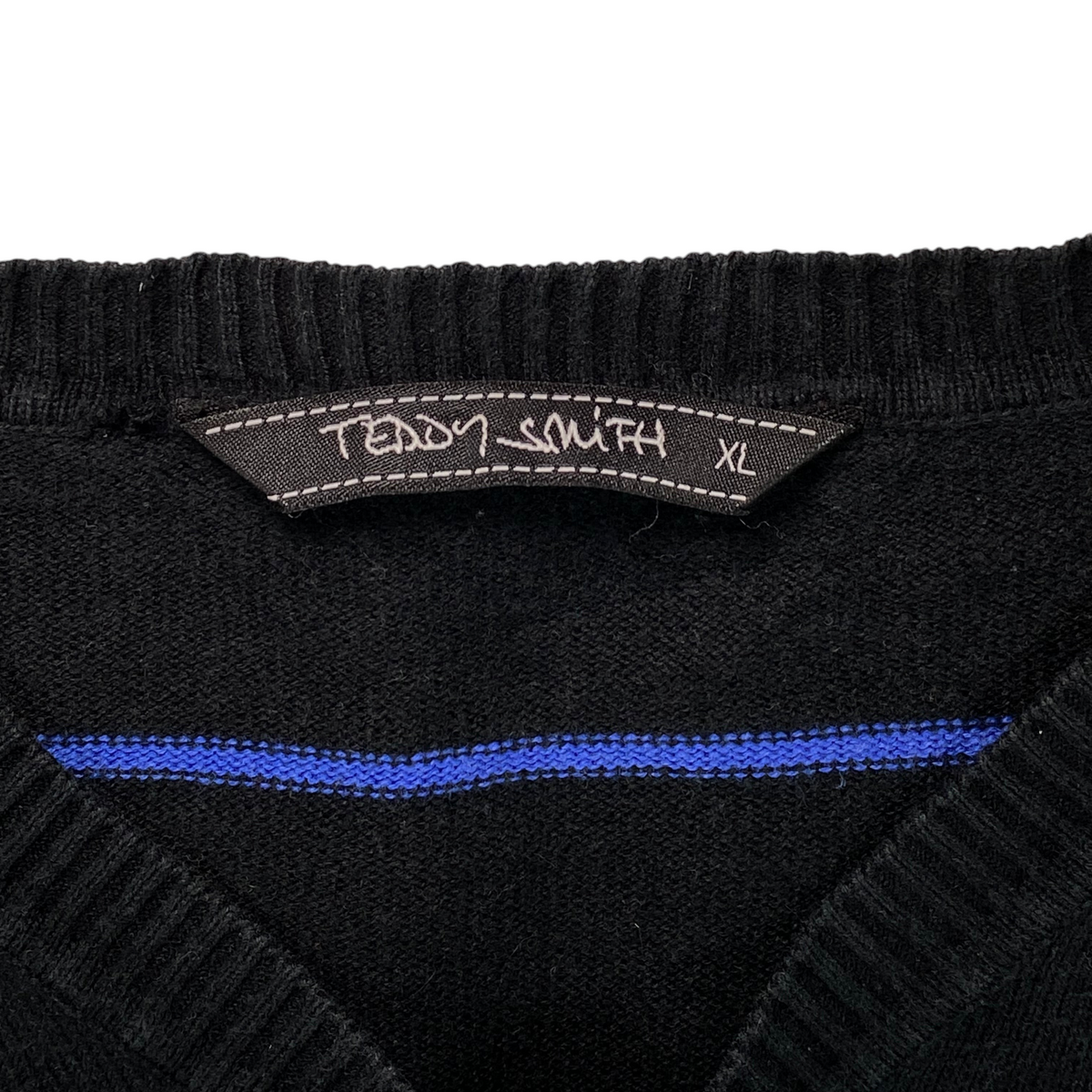 Digg It Thrift & Vintage Teddy Smith black and royal blue striped V-neck knit sweater with XL size tag
