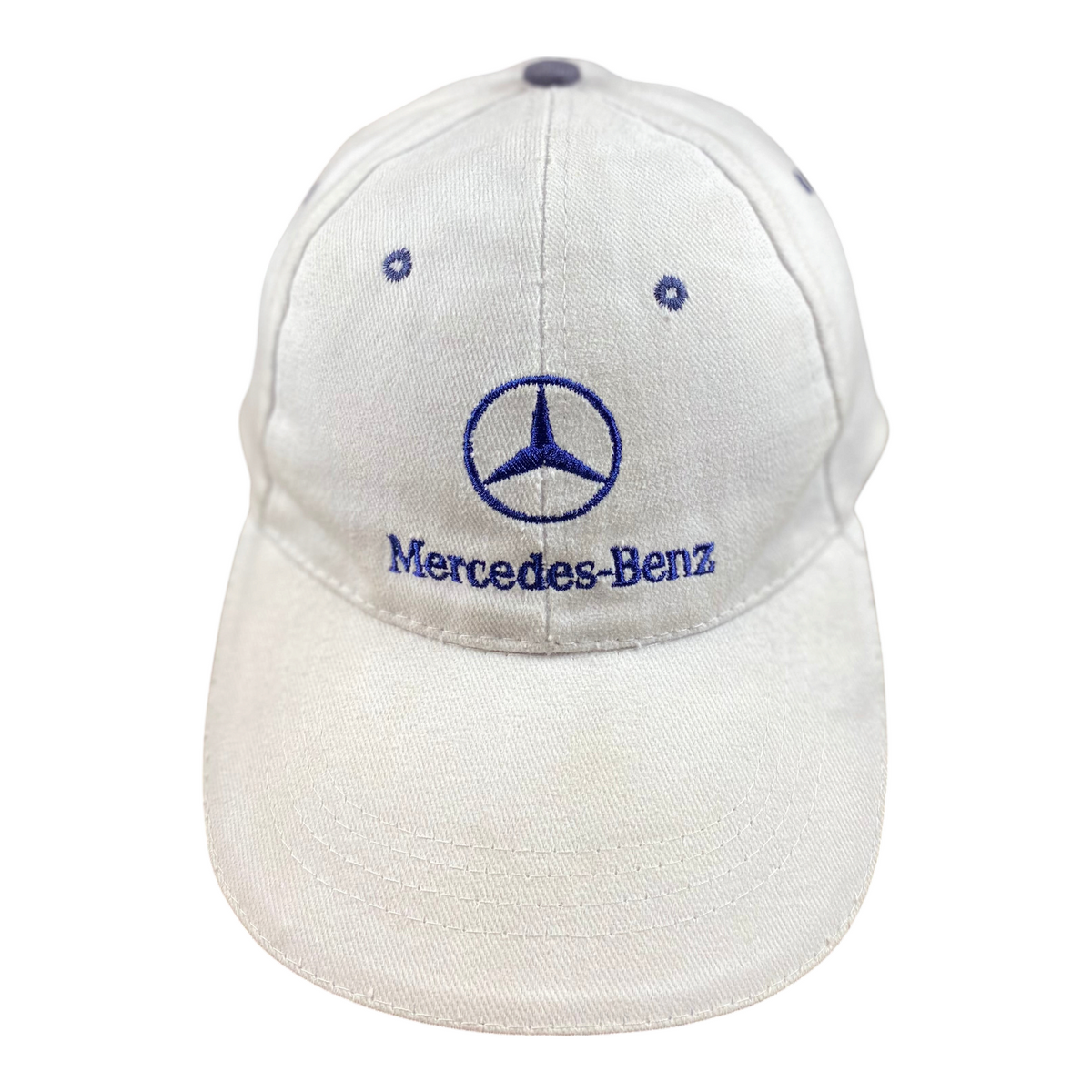 Digg It Thrift & Vintage white Mercedes-Benz baseball cap with blue embroidered logo and minor staining