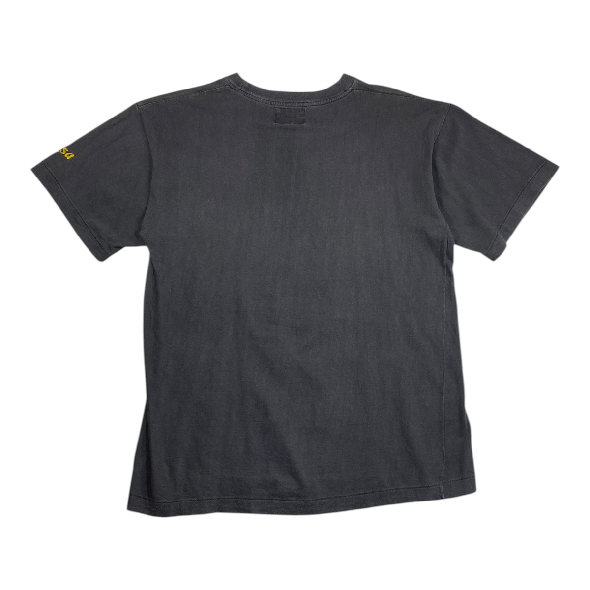 Back view of a faded black Digg It Thrift & Vintage graphic t-shirt with a small yellow detail on the sleeve.