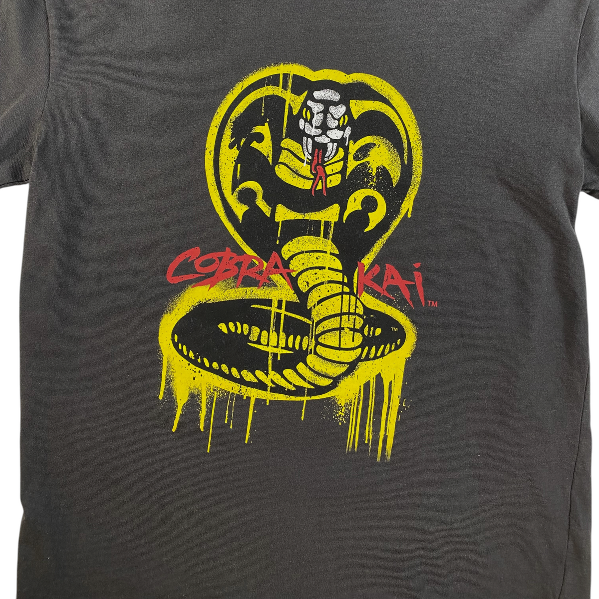 Digg It Thrift & Vintage charcoal grey Cobra Kai t-shirt with yellow and red drip snake logo graphic