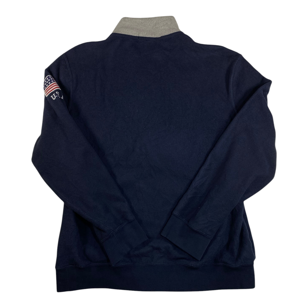 Digg It Thrift & Vintage navy blue Polo Ralph Lauren fleece quarter-zip sweatshirt with USA flag patch on sleeve