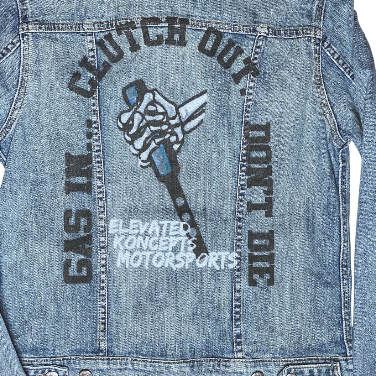 Digg It Thrift & Vintage custom Levi's denim trucker jacket with skeleton hand gear shift graphic on the back