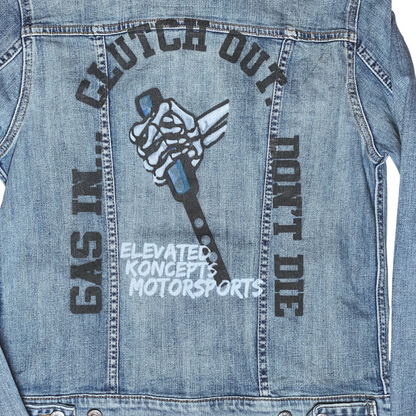 Digg It Thrift & Vintage custom Levi's denim trucker jacket with skeleton hand gear shift graphic on the back