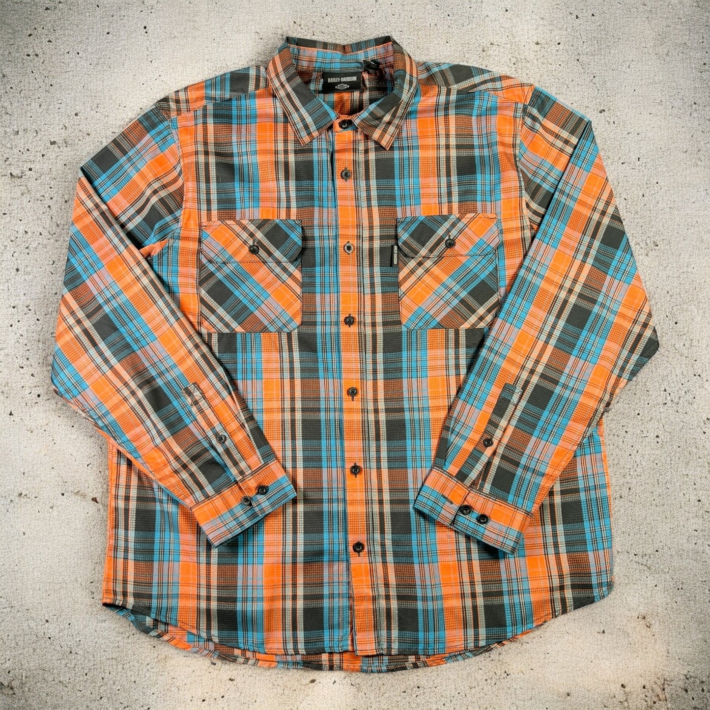 Harley Davidson orange and blue checkers shirt