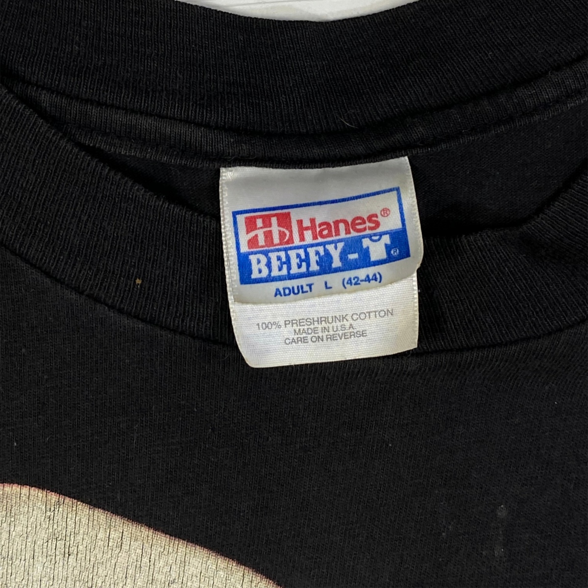 Digg It Thrift & Vintage Hanes Beefy-T black cotton t-shirt tag showing size large from the 1990s