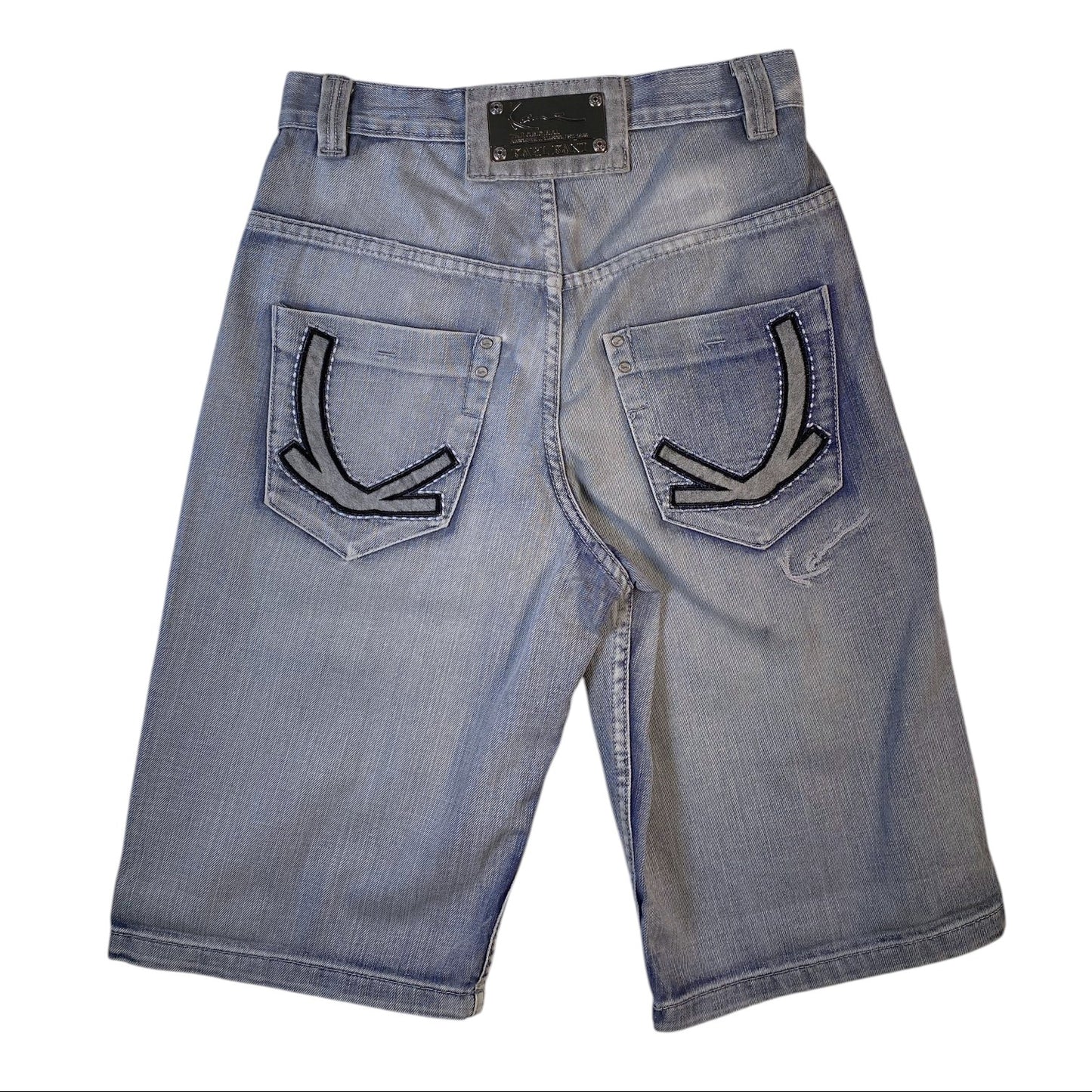 Light blue denim shorts viewed from the back, featuring decorative black embroidered arrow designs on the back pockets.