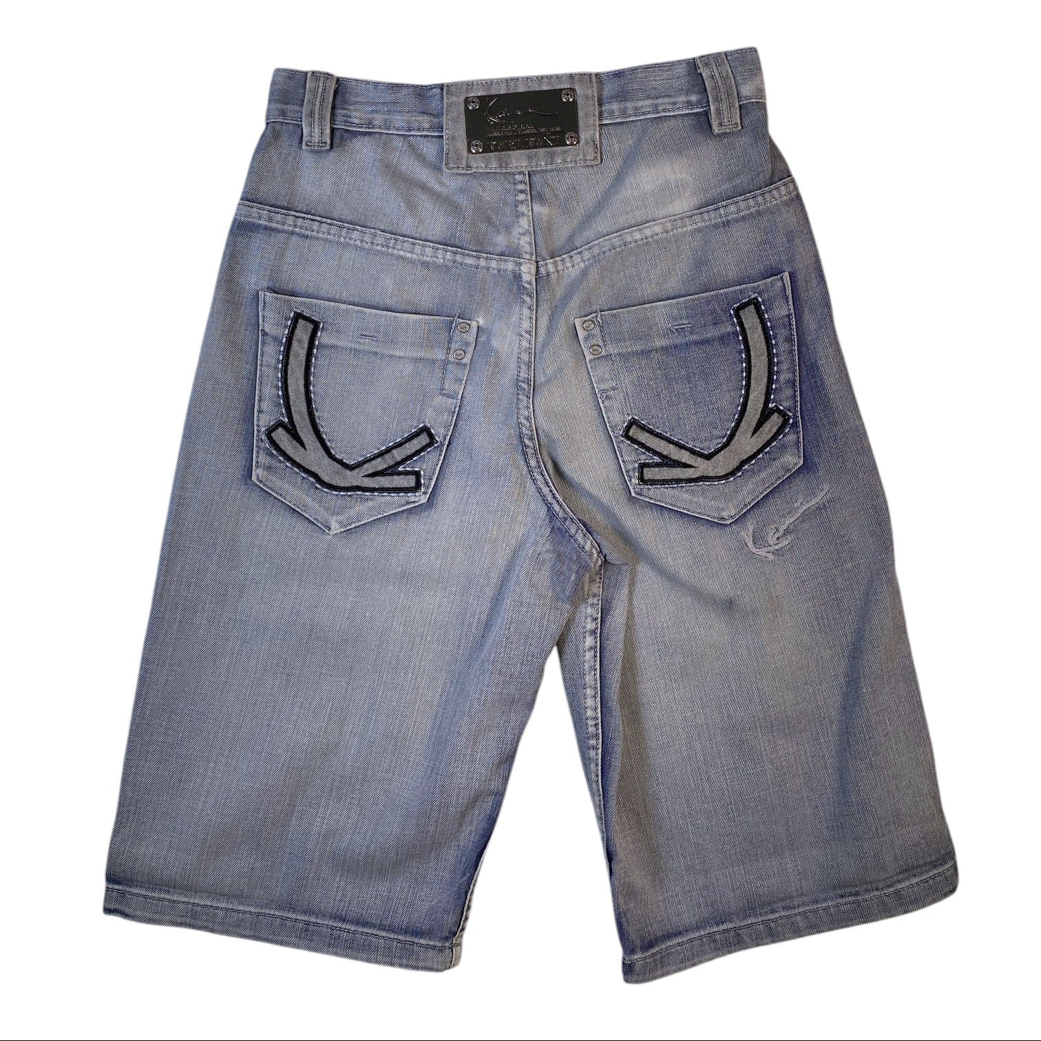 Light blue denim shorts viewed from the back, featuring decorative black embroidered arrow designs on the back pockets.