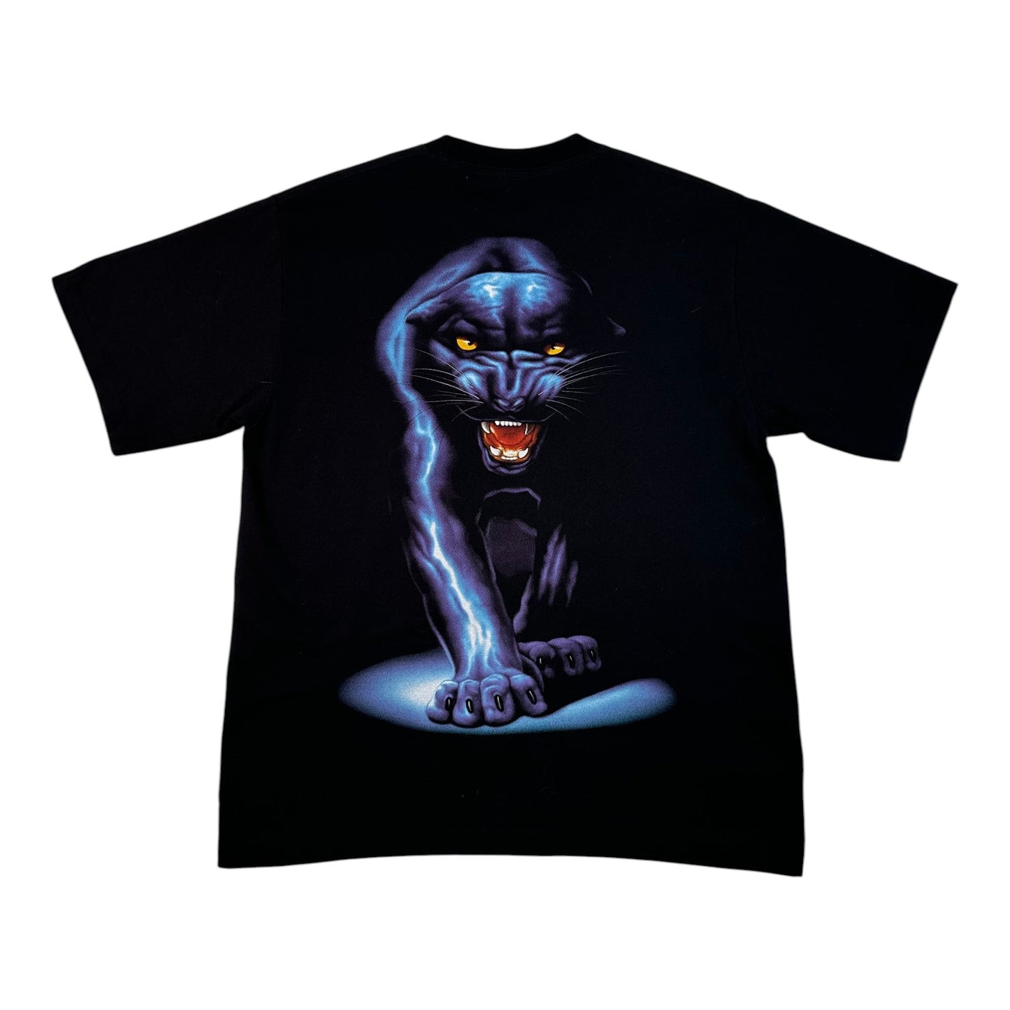A black short-sleeve t-shirt featuring a large graphic print of a glowing blue panther with yellow eyes and an open mouth showing red teeth, set against a plain white background.