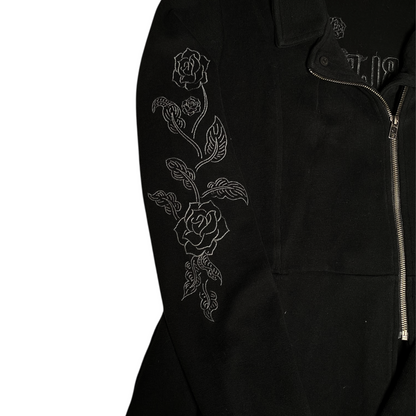 Digg It Thrift & Vintage black Harley-Davidson cardigan featuring grey rose embroidery on the sleeve and zip front