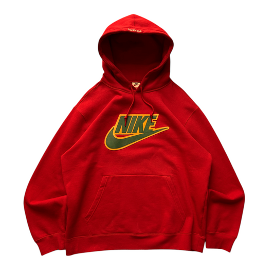 Digg It Thrift & Vintage Nike X Supreme red hoodie with green and yellow logo embroidery and front kangaroo pocket