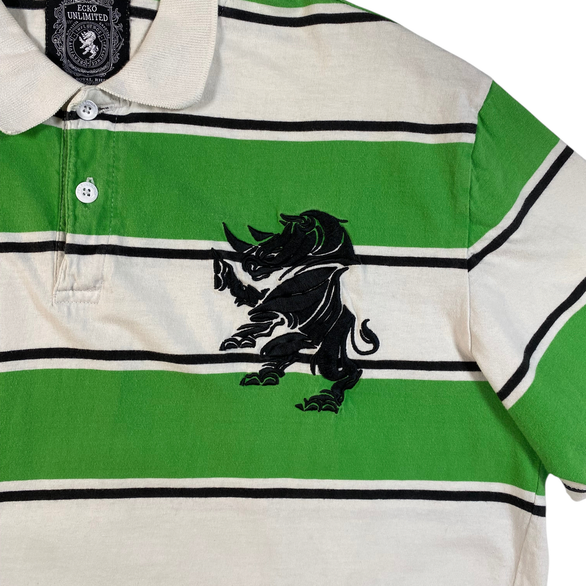 Digg It Thrift & Vintage Eckō Unltd. green and white striped polo shirt with black embroidered rhino logo