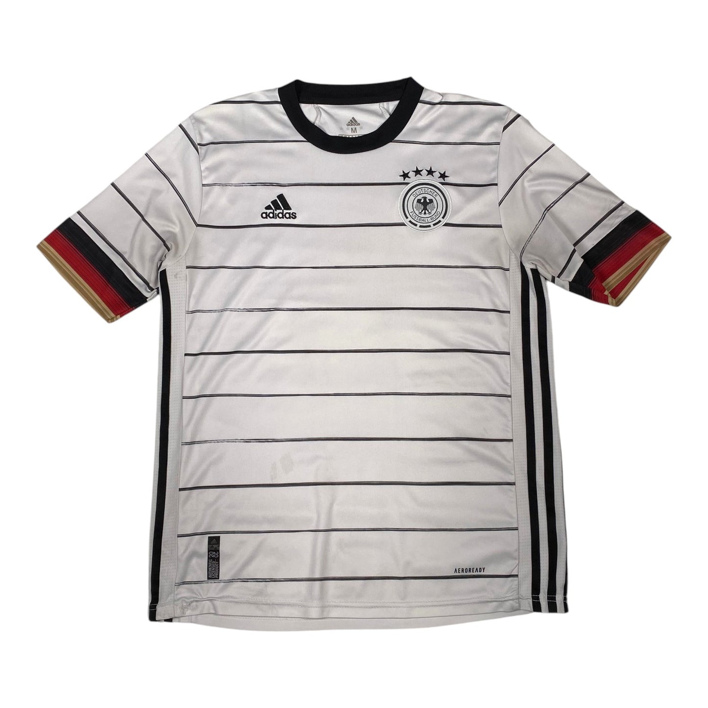 A white Adidas Germany soccer jersey with thin black horizontal stripes, a black collar, and black three-stripes on the sleeves. The jersey features the German national team crest with four stars on the left chest and the Adidas logo on the right chest.