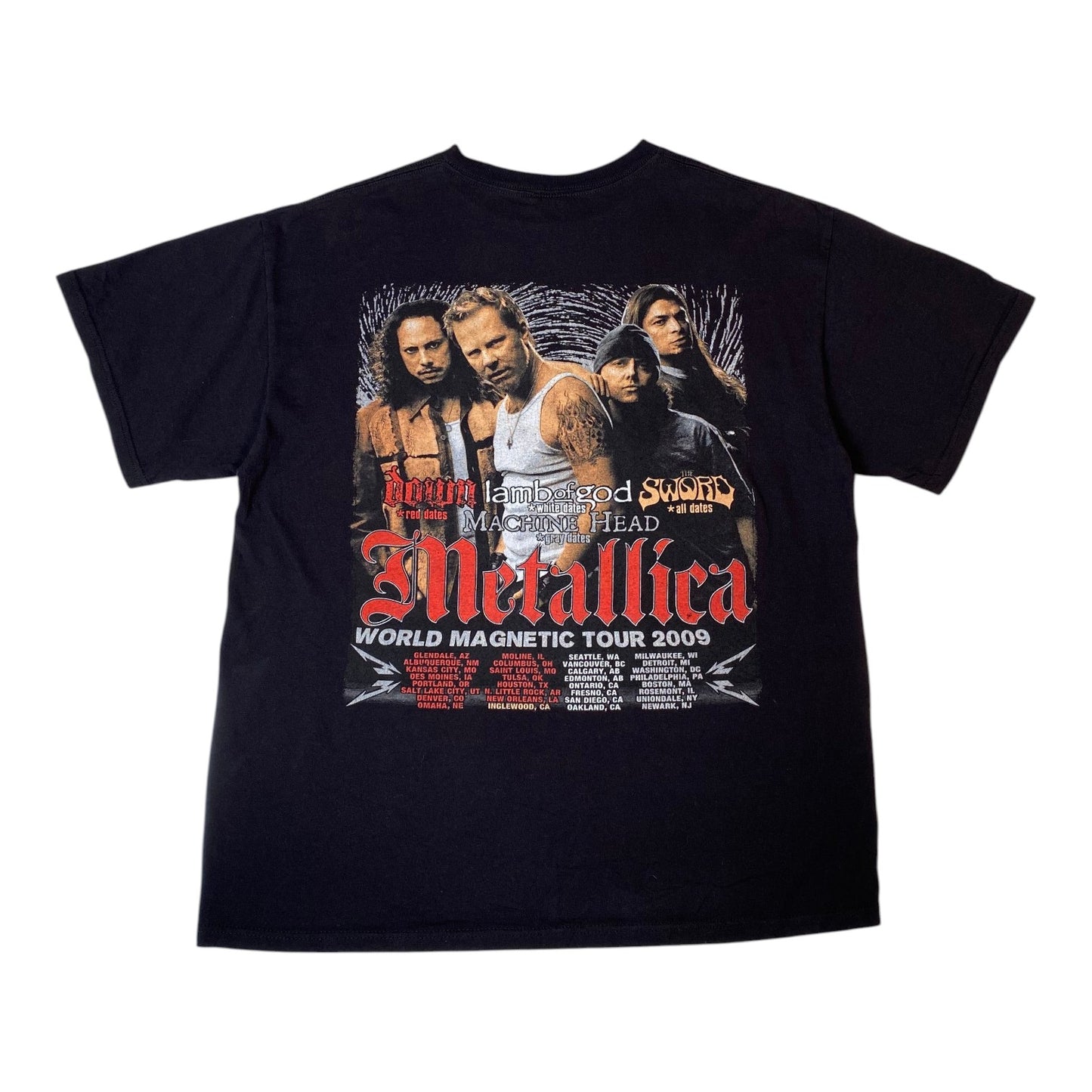 A black short-sleeve graphic t-shirt featuring the front print of Metallica's 'Down in Bed with Sushii' world magnetic tour 2009, displayed against a plain white background.