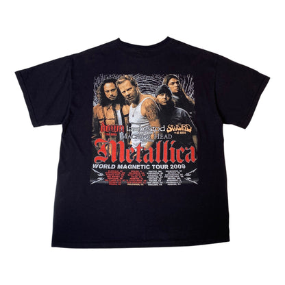 A black short-sleeve graphic t-shirt featuring the front print of Metallica's 'Down in Bed with Sushii' world magnetic tour 2009, displayed against a plain white background.