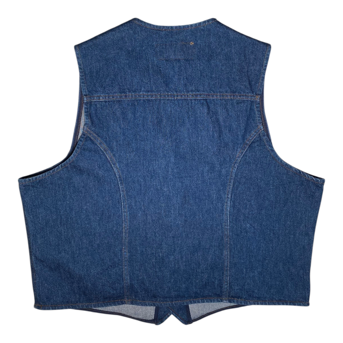 Back view of a Digg It Thrift & Vintage Wrangler blue denim vest with classic western stitching details.
