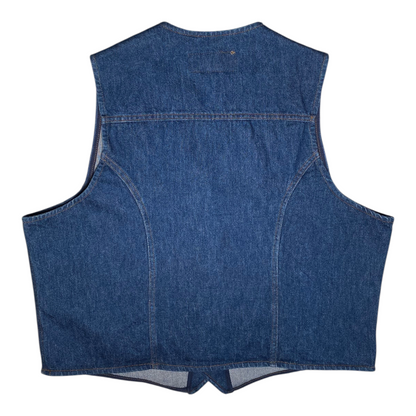 Back view of a Digg It Thrift & Vintage Wrangler blue denim vest with classic western stitching details.