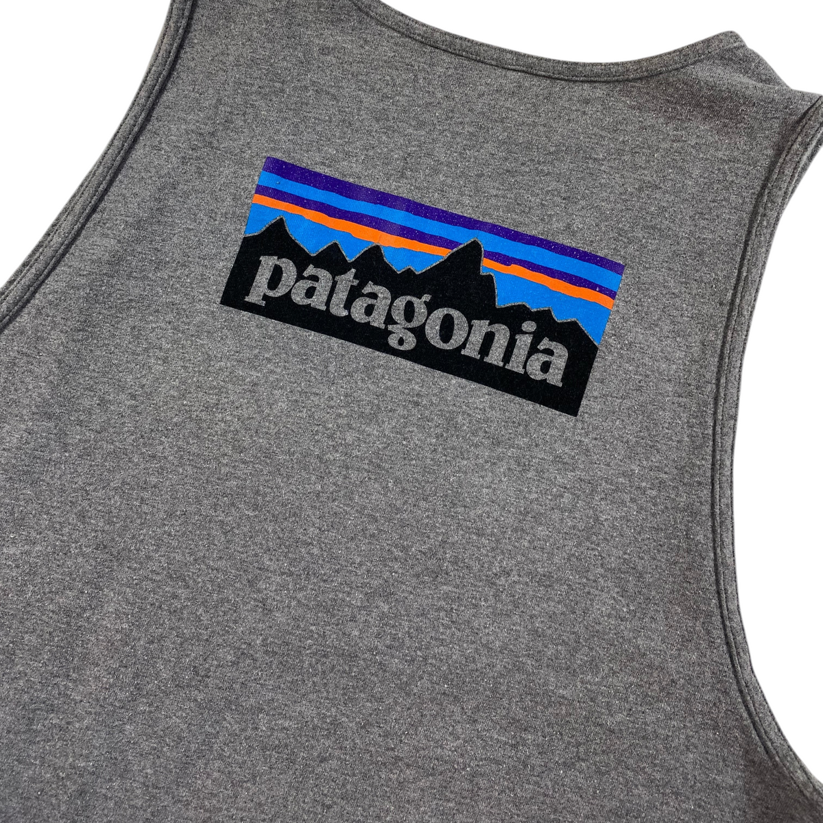 Digg It Thrift & Vintage grey Patagonia tank top with mountain logo graphic on the back
