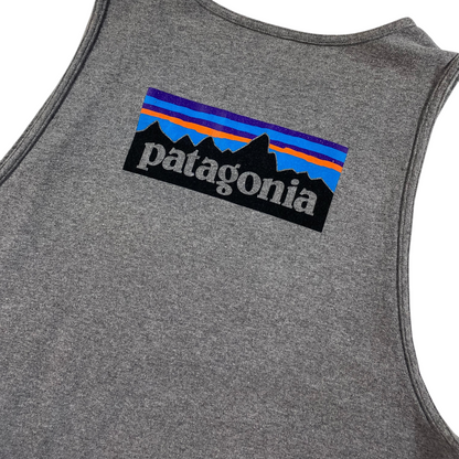 Digg It Thrift & Vintage grey Patagonia tank top with mountain logo graphic on the back