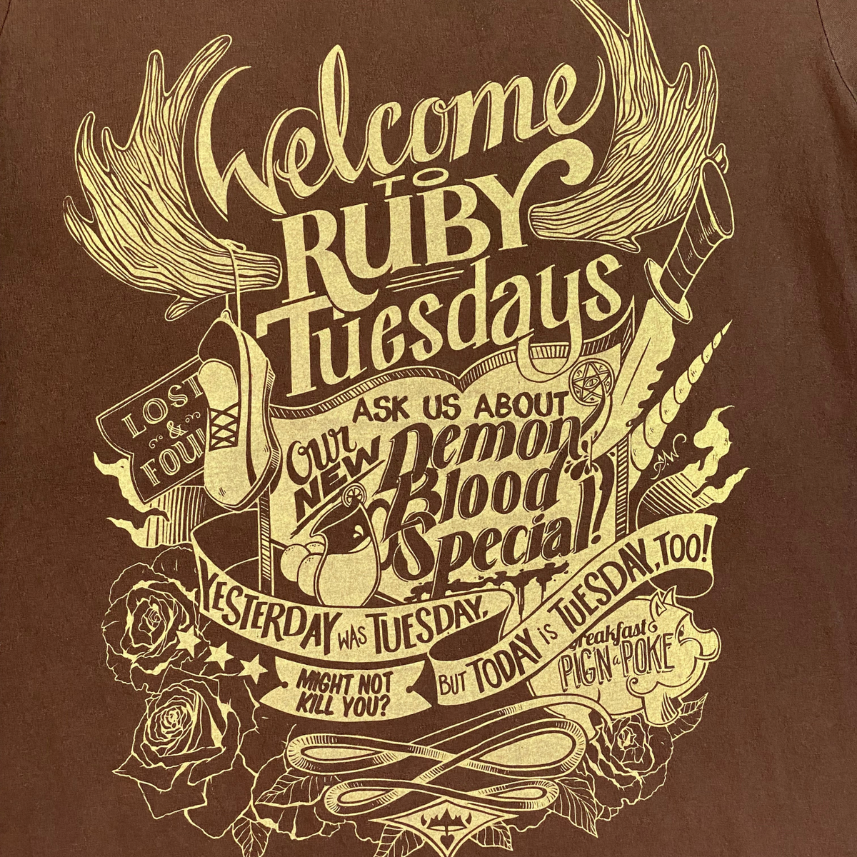 Digg It Thrift & Vintage brown Supernatural Ruby Tuesdays graphic t-shirt with cream-colored screen print design