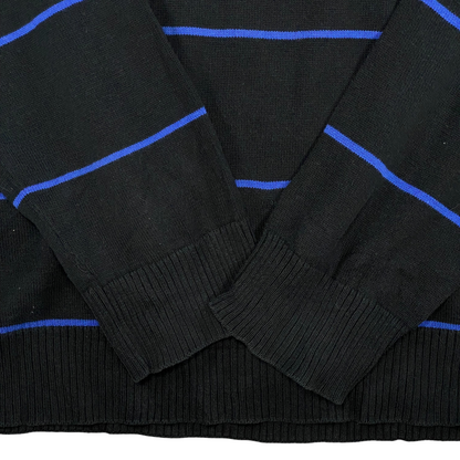 Digg It Thrift & Vintage Teddy Smith black knit sweater with royal blue horizontal stripes and ribbed cuffs
