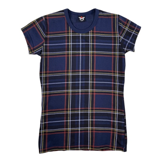 Digg It Thrift & Vintage navy plaid stretch crewneck t-shirt with white and red lines, size medium fitting like XS
