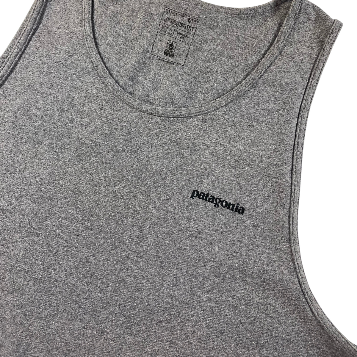 Digg It Thrift & Vintage Patagonia heather grey tank top with black logo, size 2XL fitting like a large