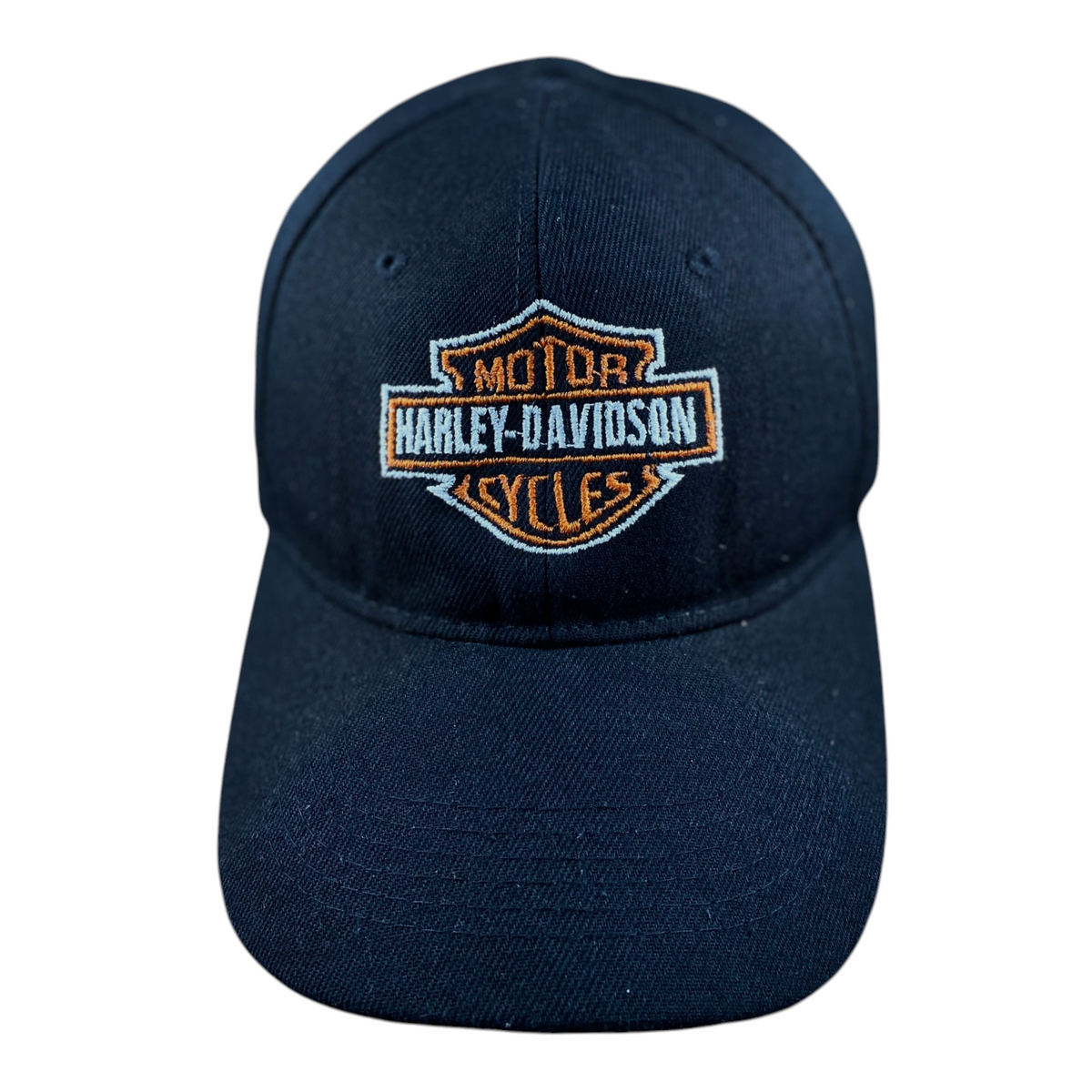 Digg It Thrift & Vintage black baseball cap featuring an embroidered orange and white Harley-Davidson logo
