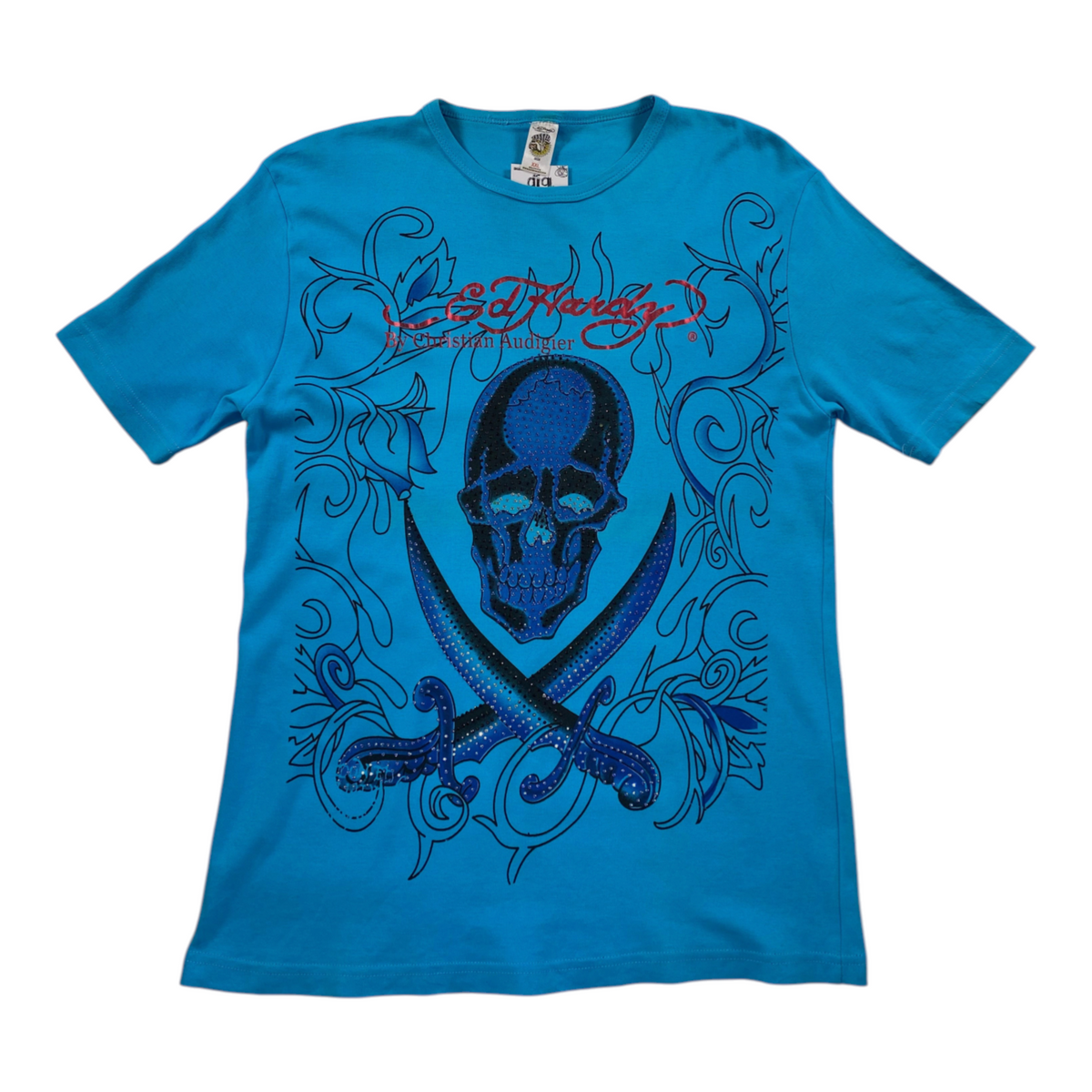 Digg It Thrift & Vintage turquoise Ed Hardy t-shirt featuring a rhinestone skull and swords graphic design