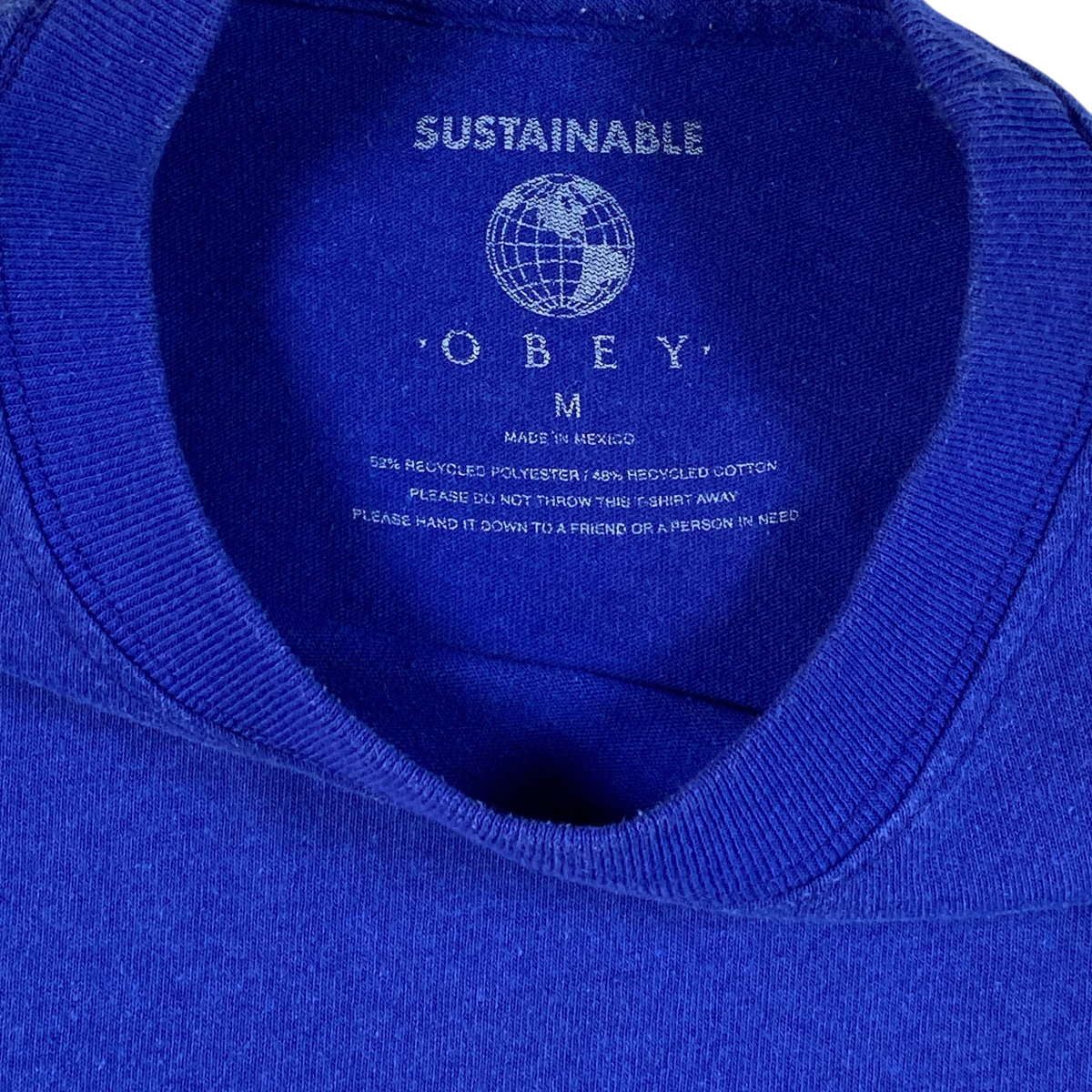 Digg It Thrift & Vintage royal blue Obey sustainable t-shirt with printed neck label and size medium tag