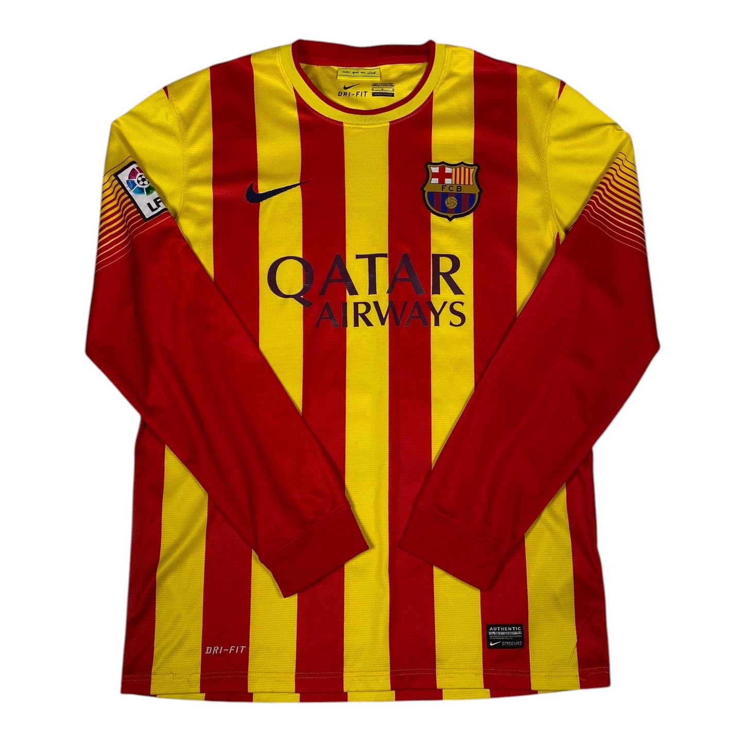 A long-sleeve FC Barcelona soccer jersey with red and yellow vertical stripes, featuring the Nike swoosh, FC Barcelona crest, and Qatar Airways sponsor logo on a white background.