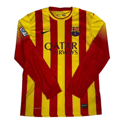 A long-sleeve FC Barcelona soccer jersey with red and yellow vertical stripes, featuring the Nike swoosh, FC Barcelona crest, and Qatar Airways sponsor logo on a white background.